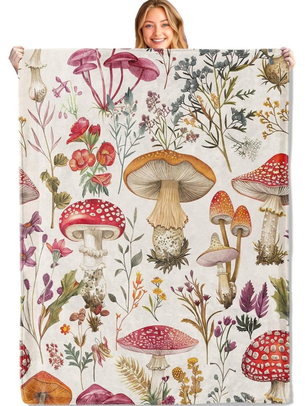 Vintage Botanical Mushroom Throw Blanket,50x60in,Soft, Lightweight Flannel,Retro